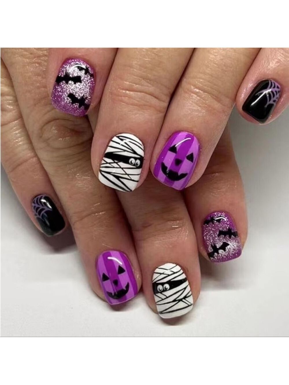 2/$10 Halloween False Nail Set — Purple, White & Black Spooky Designs